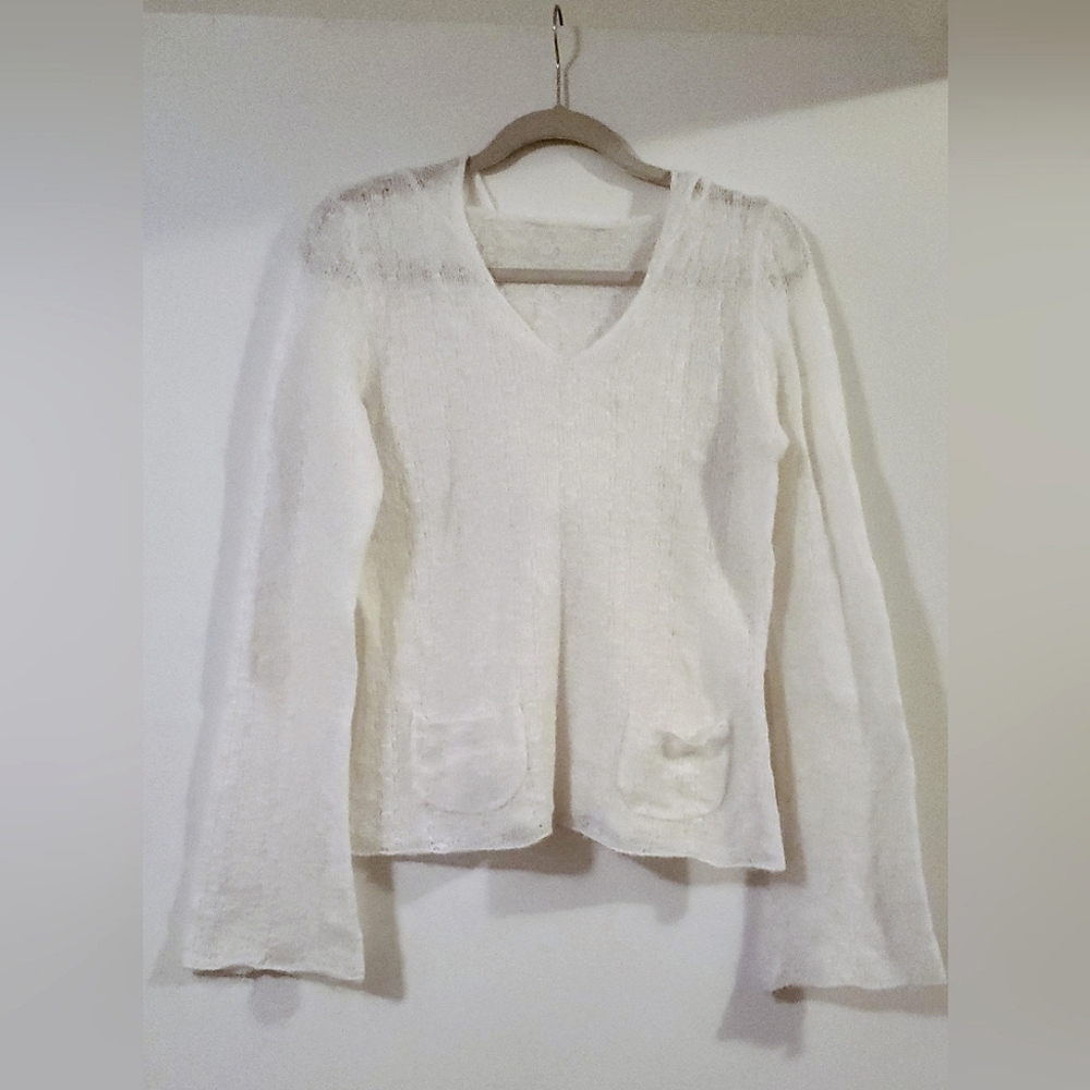 White knit V neck hooded semi-sheer sweater, swim cover-up, small